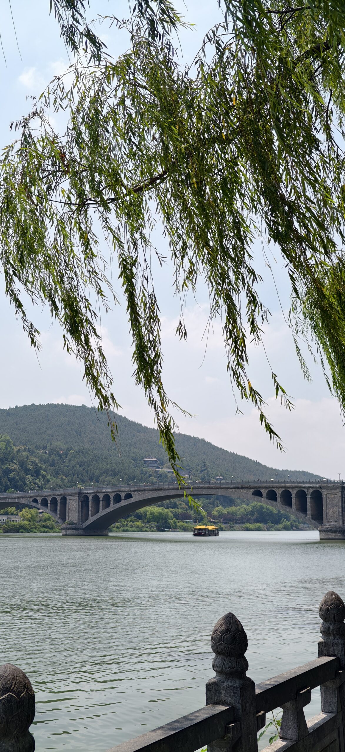 伊河上的漫水桥与游船，杨柳垂枝把水面和远山轻轻框住
