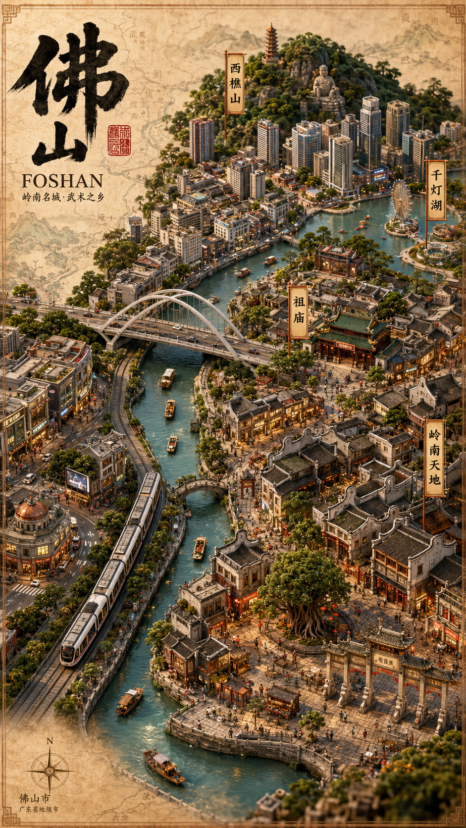 佛山城市侧影与岭南骑楼街景，暮色沿立面铺开。