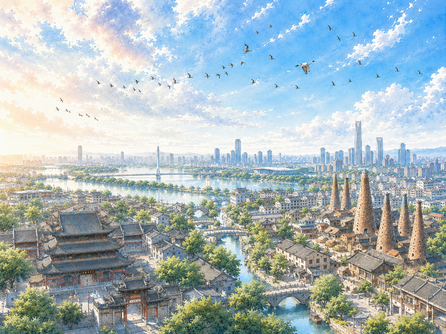 南风古灶主体全景沿坡展开，古窑、瓦房与红灯笼尽收眼底。