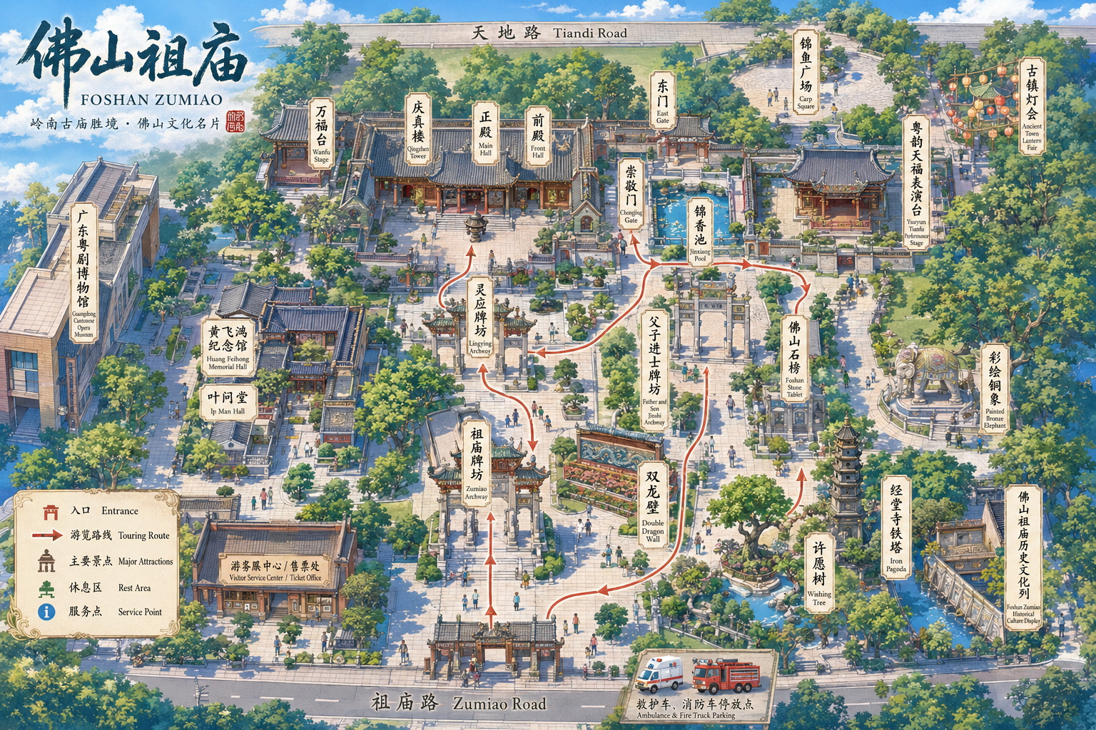 祖庙建筑群导览图，殿宇、院落与游览路线一览。