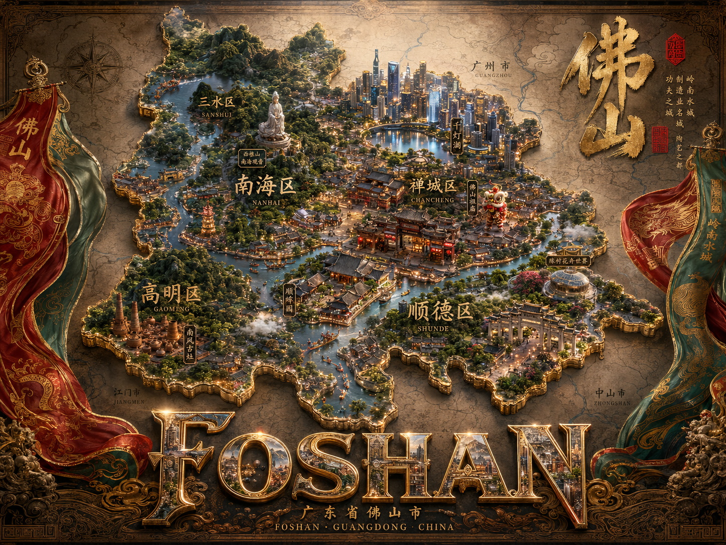 佛山城市地标浮雕拼成的篇头画面，中央写有 FOSHAN。