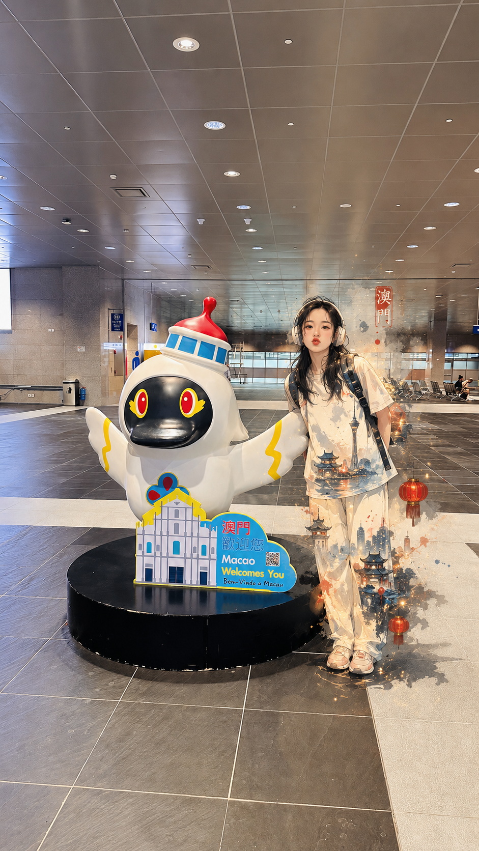 小姐姐在旅途装置前停住，新的城市又有新的兴奋