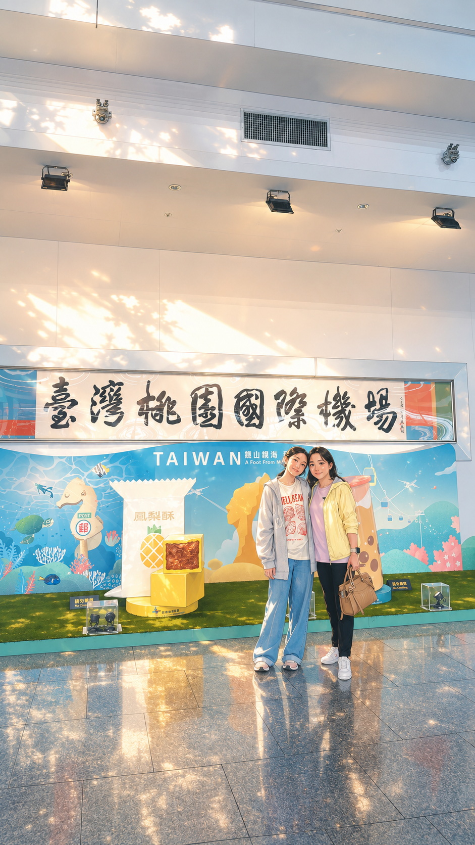 桃园机场里的指示与灯光，抵达感从这里开始